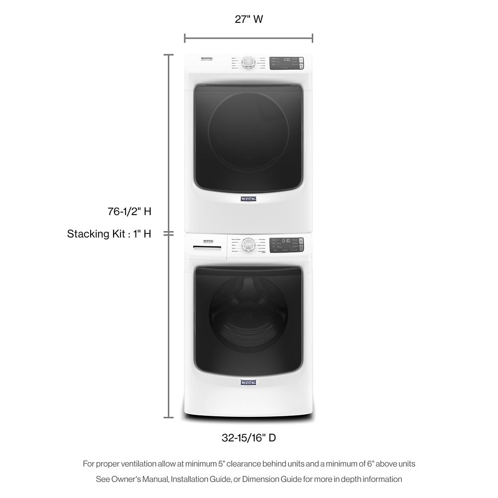 Stacked white front load washer and dryer set with digital controls in Washers & Dryers and Appliances collections