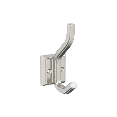 Two prong wall hook with satin nickel finish for bathroom or storage organization and home improvement projects