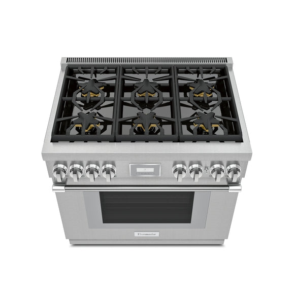 Front view of stainless steel gas range with six burners and digital interface from Thermador Ranges collection