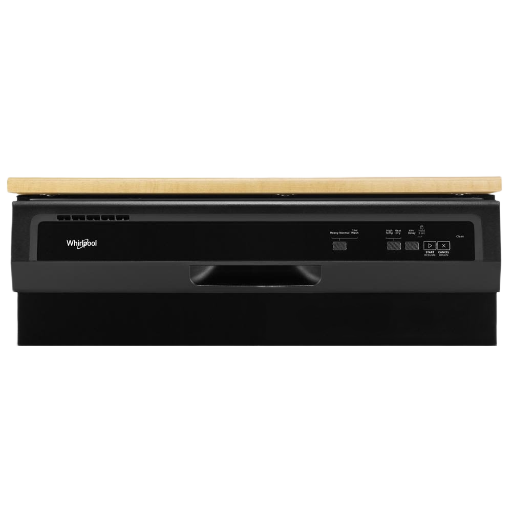 Black Whirlpool heavy-duty dishwasher with digital control panel and wooden countertop in Kitchen & Kitchenware at Hartville Hardware