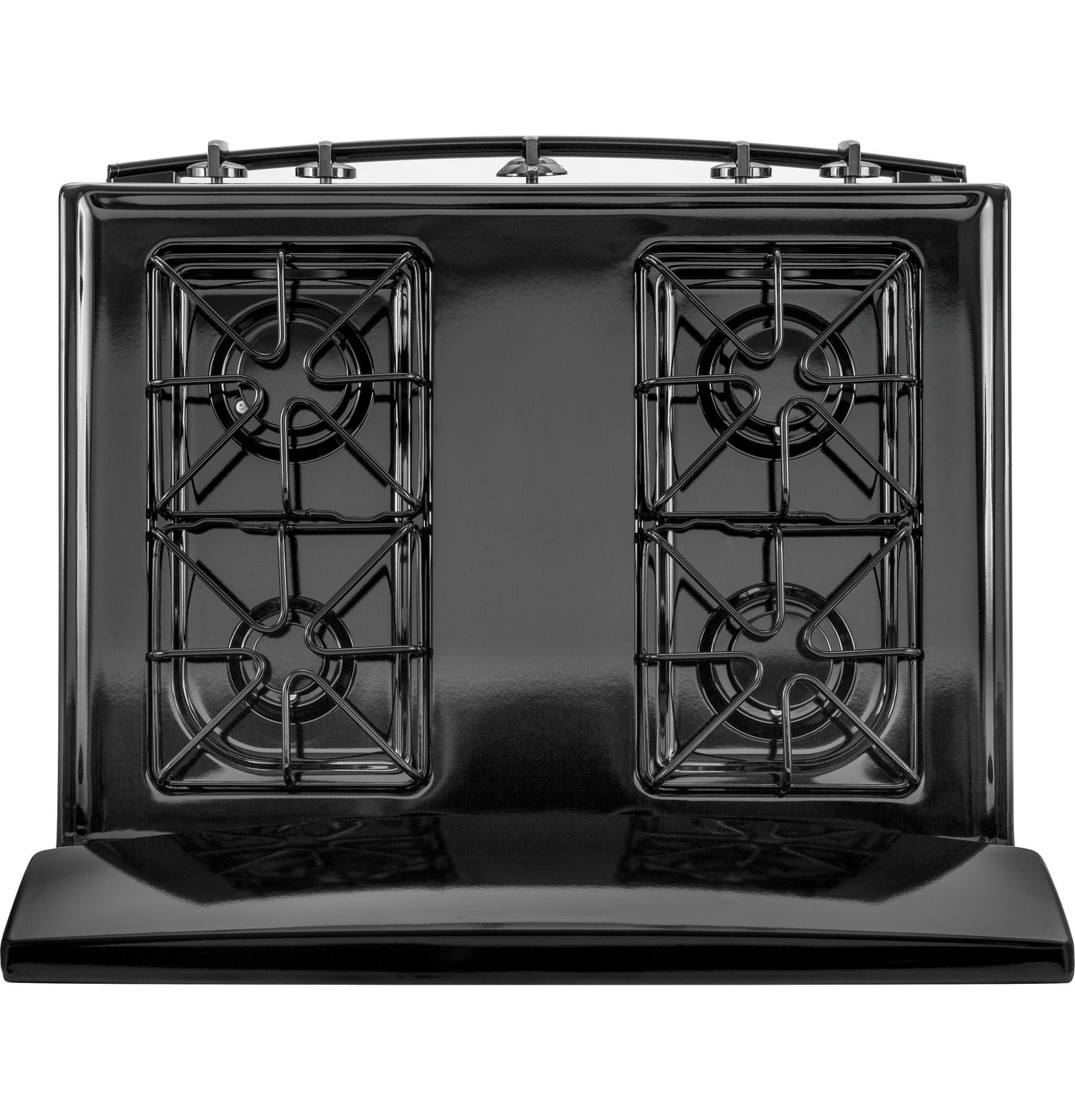 Top view of black free-standing gas range with four burners from the Ranges & Cooktops collection for kitchen improvement