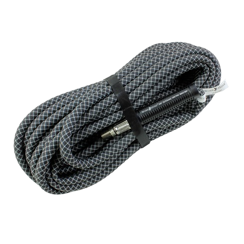 Coiled high-pressure air hose with durable braided outer layer and metal fittings, part of air tools accessories collection