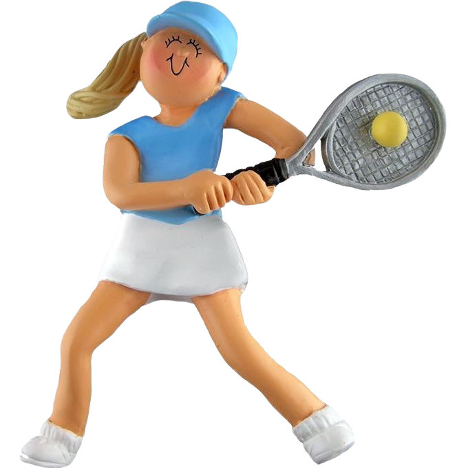 Blonde female tennis player ornament wearing blue top and white skirt holding racket and ball for Christmas tree decor under 50 dollars