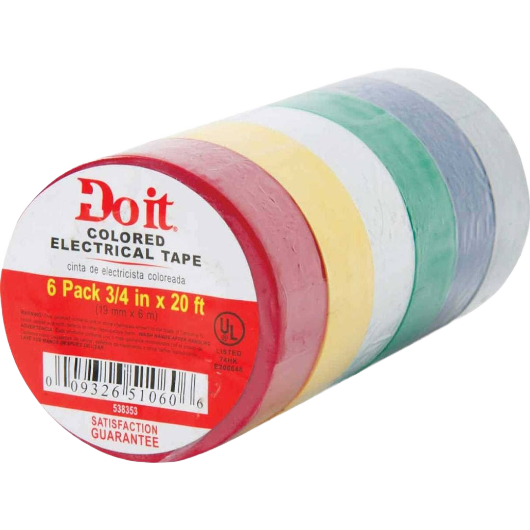 Six rolls of assorted color vinyl electrical tape for use in electrical tools and home improvement projects