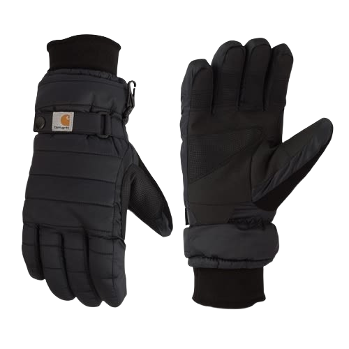 Black quilted ripstop gloves with adjustable wrist strap and durable construction for outdoor and cold weather use collections