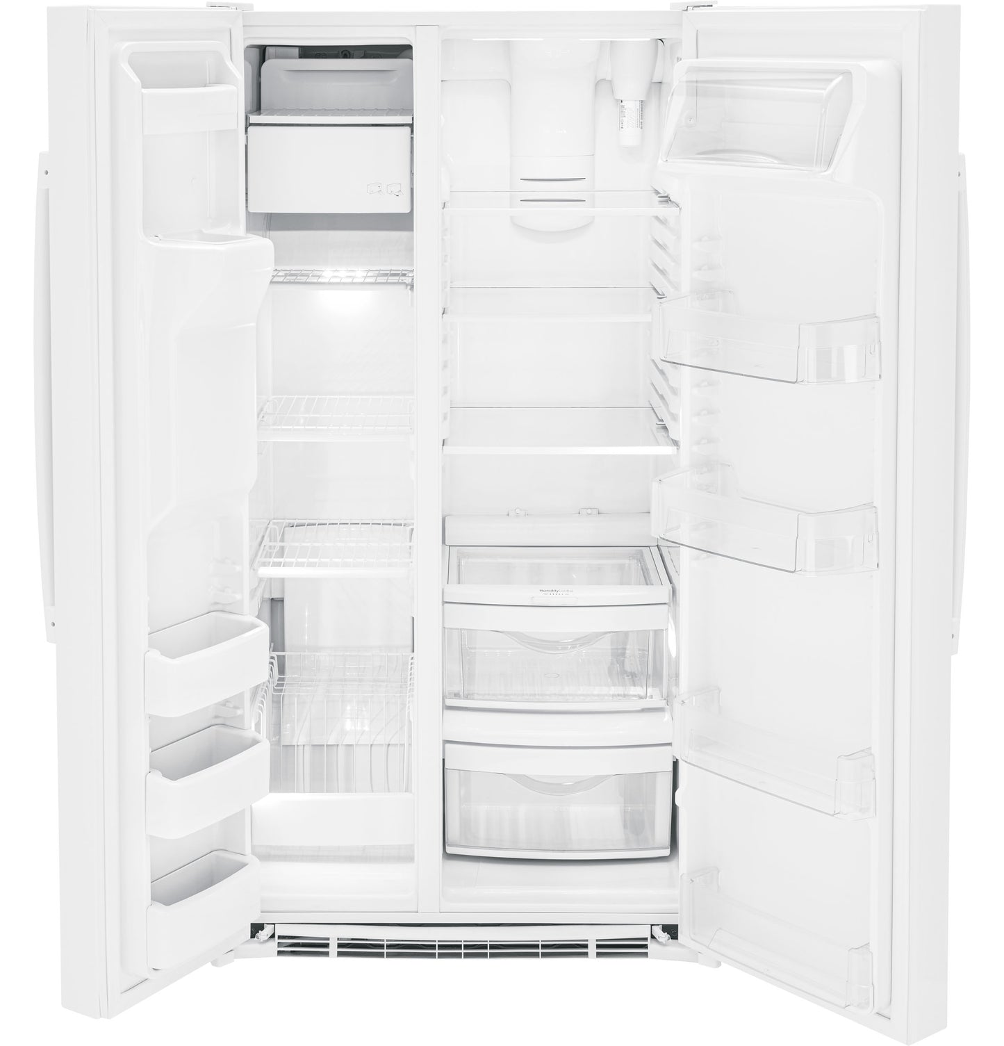 Open white side-by-side refrigerator showing empty shelves, door bins, and clear storage drawers from appliances collection