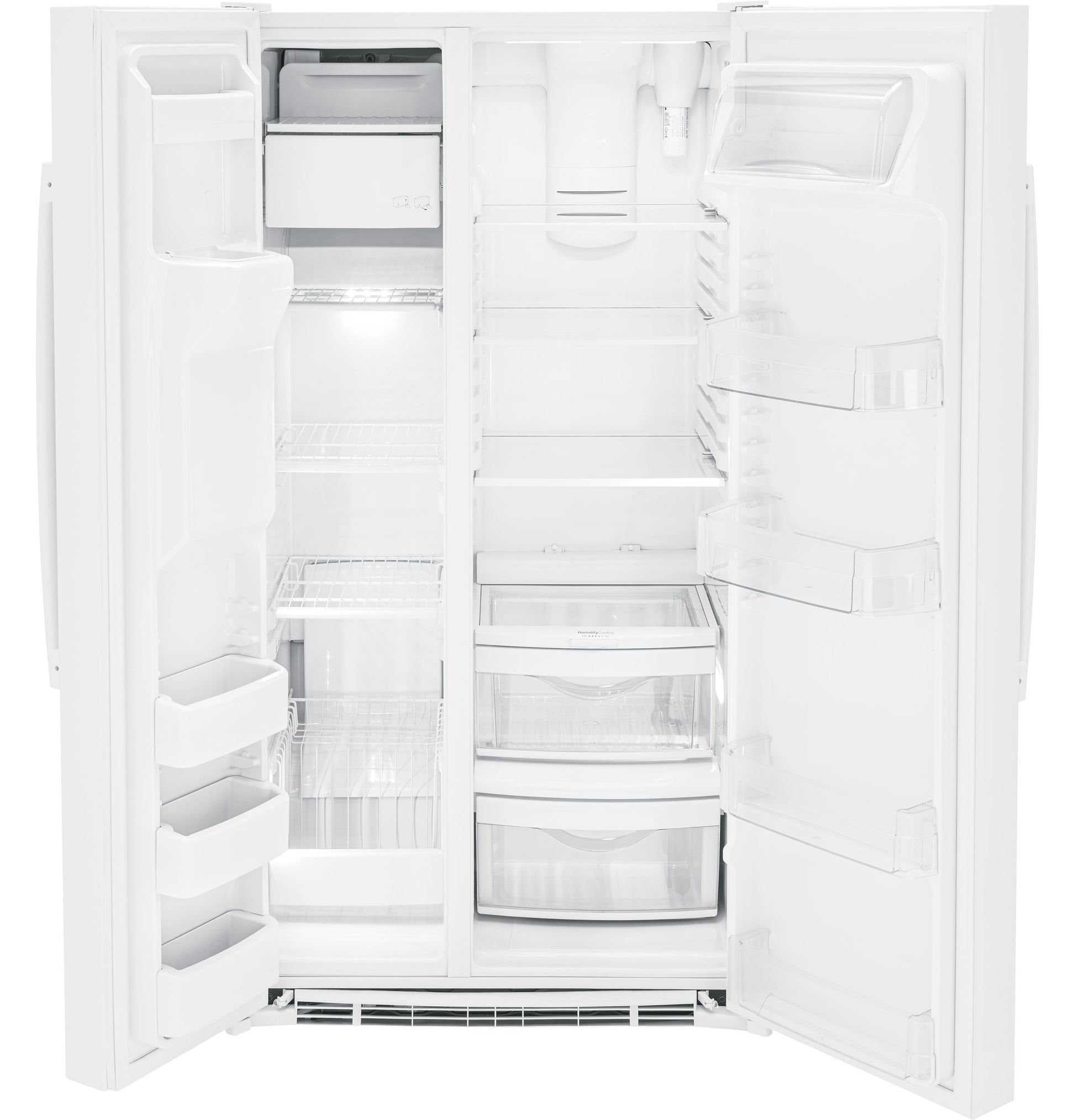 Open white side-by-side refrigerator showing empty shelves, door bins, and clear storage drawers from appliances collection