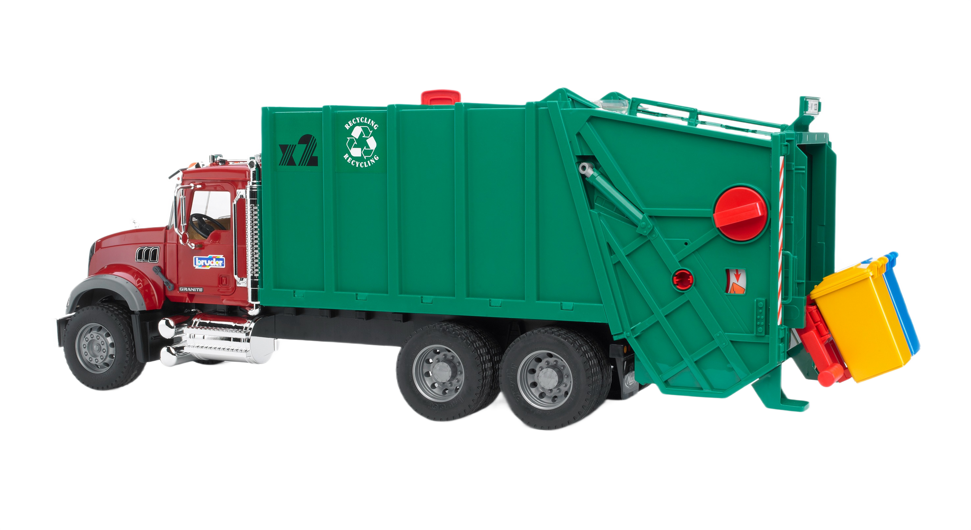 Detailed green and red Bruder Toys scale model garbage truck with yellow and blue recycling bin from Vehicles & Remote Controlled Toys collection
