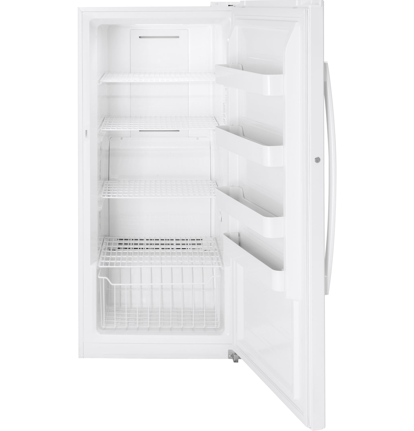 Open white upright freezer with wire shelves, door storage compartments, and frost-free feature from Freezers & Ice Makers collection