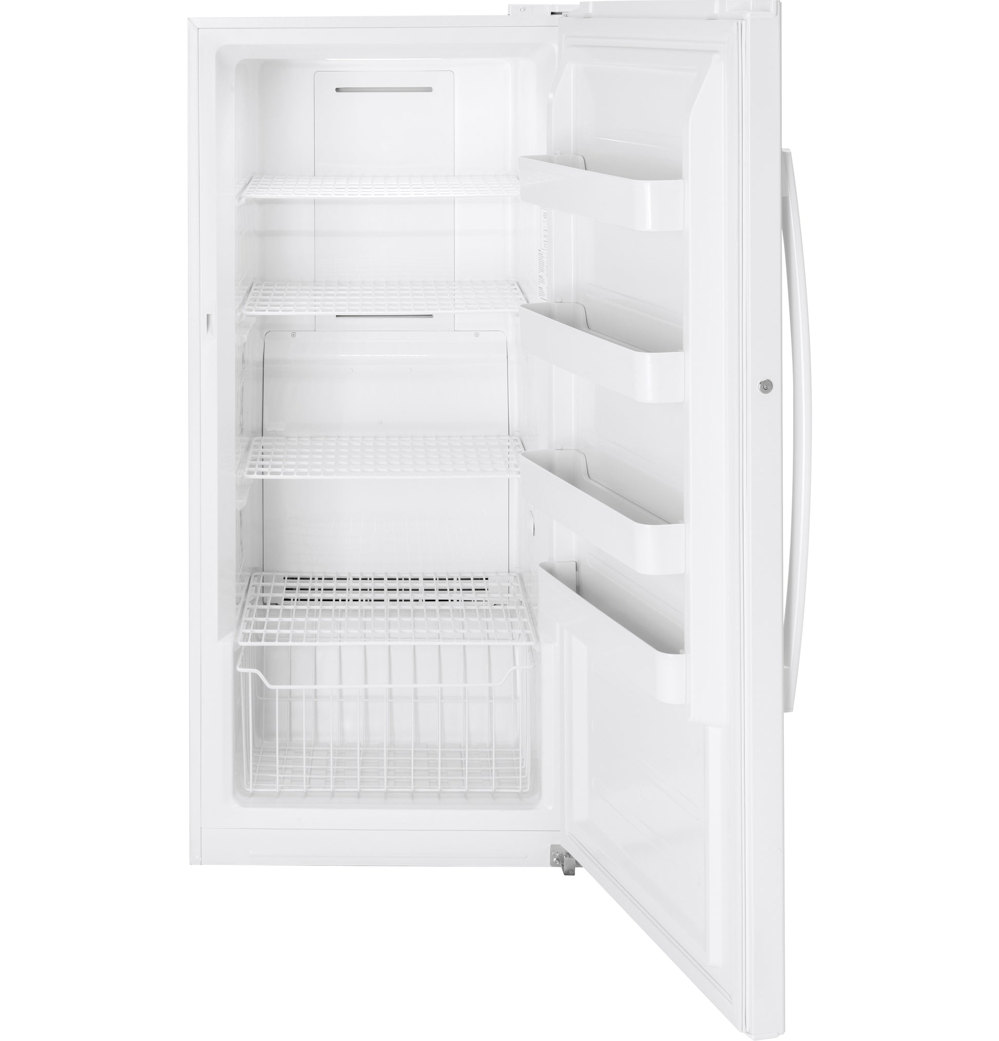 Open white upright freezer with wire shelves, door storage compartments, and frost-free feature from Freezers & Ice Makers collection