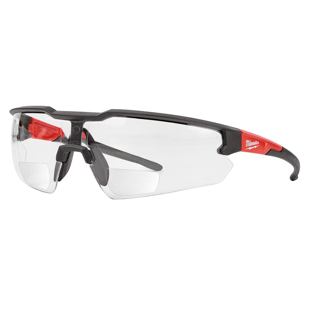 Clear magnified safety glasses with black and red frame, designed for protective eyewear and hardware use under $50 collections