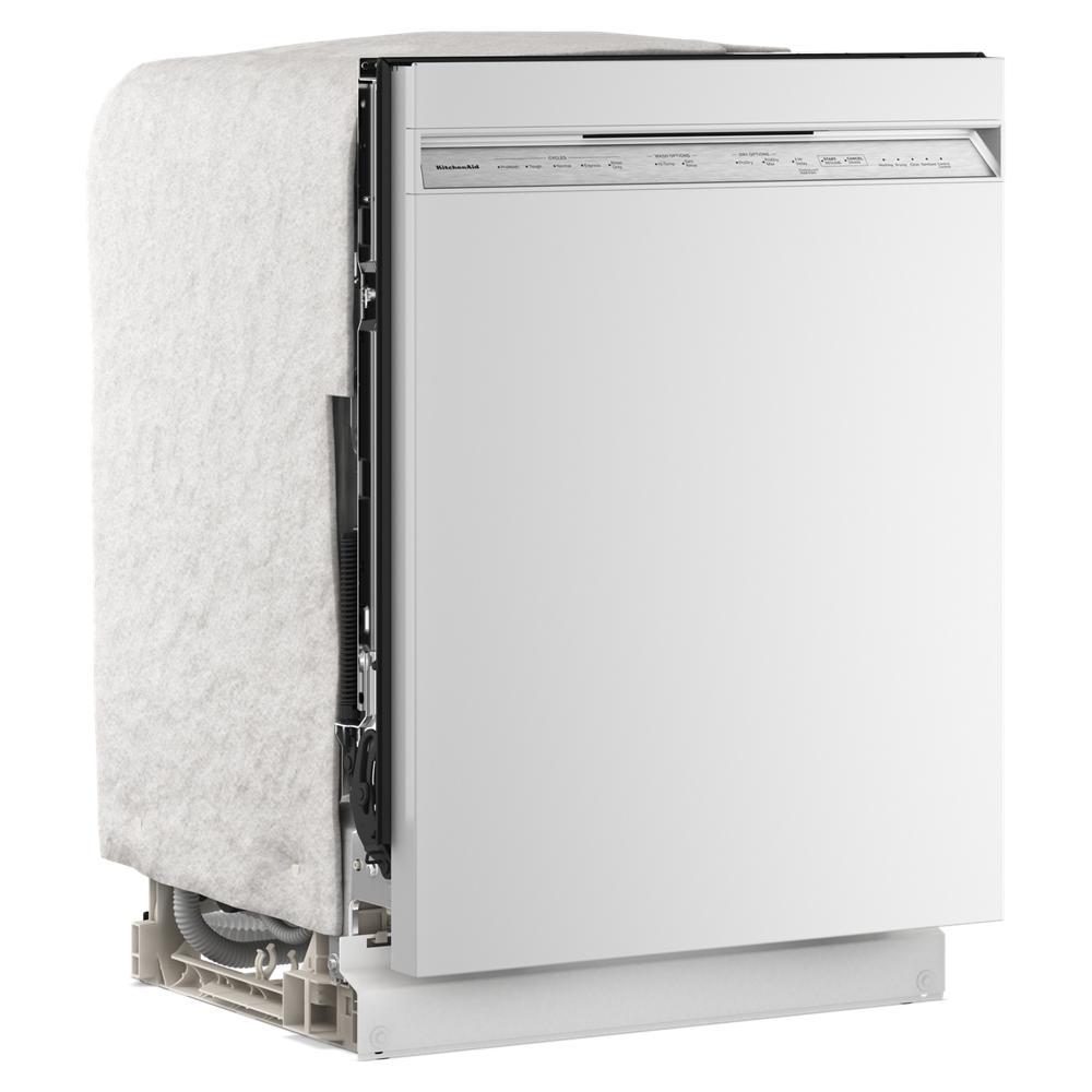 Built-in white KitchenAid dishwasher with top control panel and partial insulation, designed for built-in installation in modern kitchens and appliances collections.