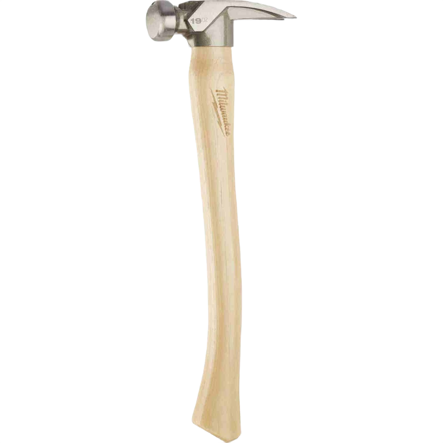 Milwaukee framing hammer with smooth steel head and natural hickory handle, ideal for woodworking and home improvement tools.