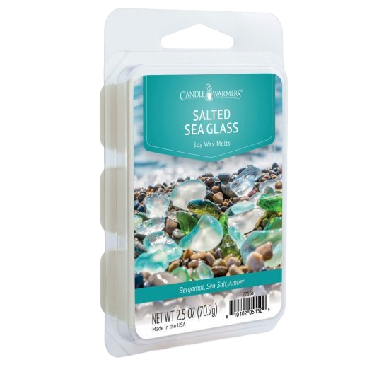 Clear clamshell pack of scented soy wax melts with sea glass-inspired blue and green colors for home fragrance use