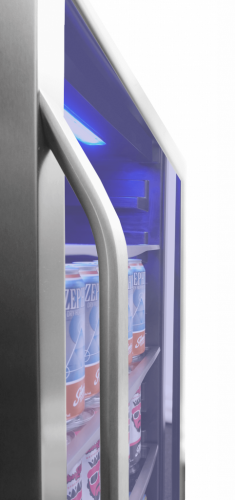 Close-up of stainless steel handle on illuminated single zone beverage center in Refrigerators and Appliances collections