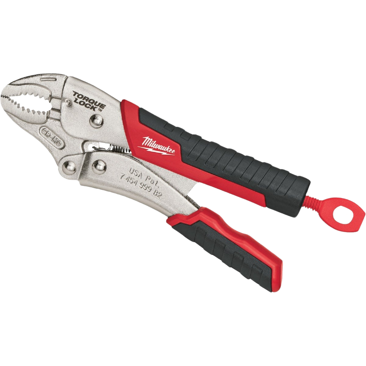 Curved jaw locking pliers with textured red and black grip for strong hold in hand tool and woodworking collections