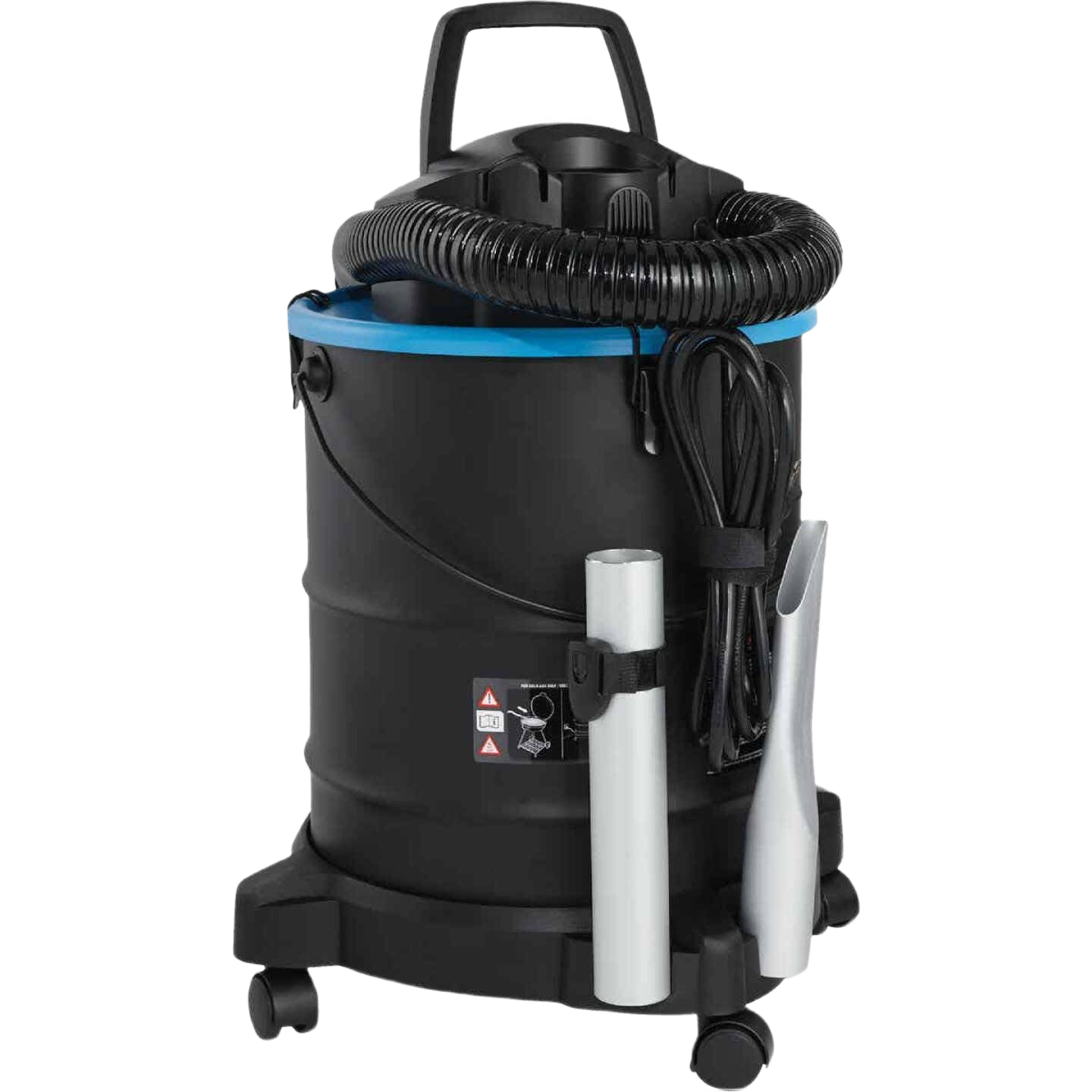 Compact black ash vacuum with blue trim, flexible hose, and metal nozzles on caster wheels for home improvement tasks
