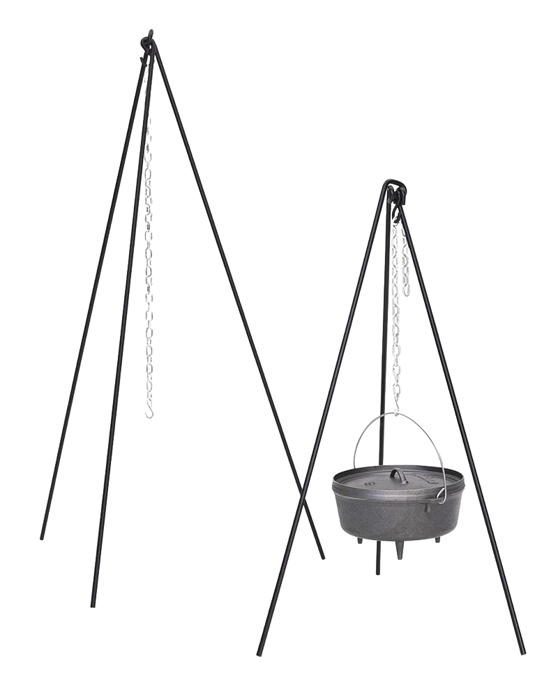 Adjustable steel campfire cooking tripod with chain and cast iron pot for grilling and outdoor living collections