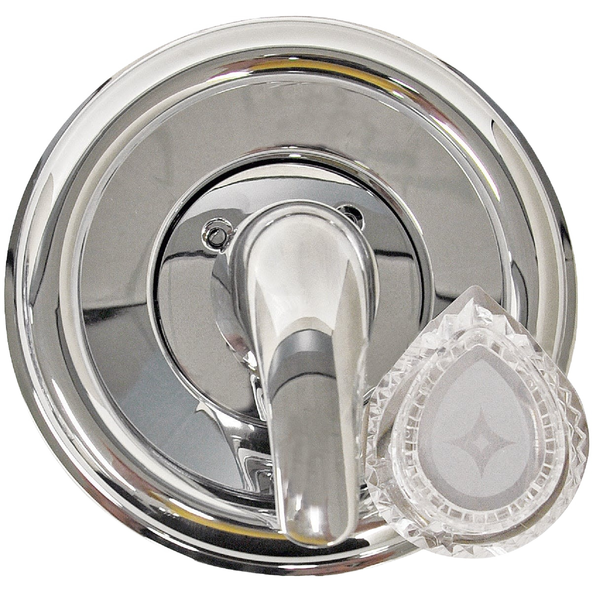 Chrome shower and tub valve trim with clear acrylic decorative control knob for home improvement use