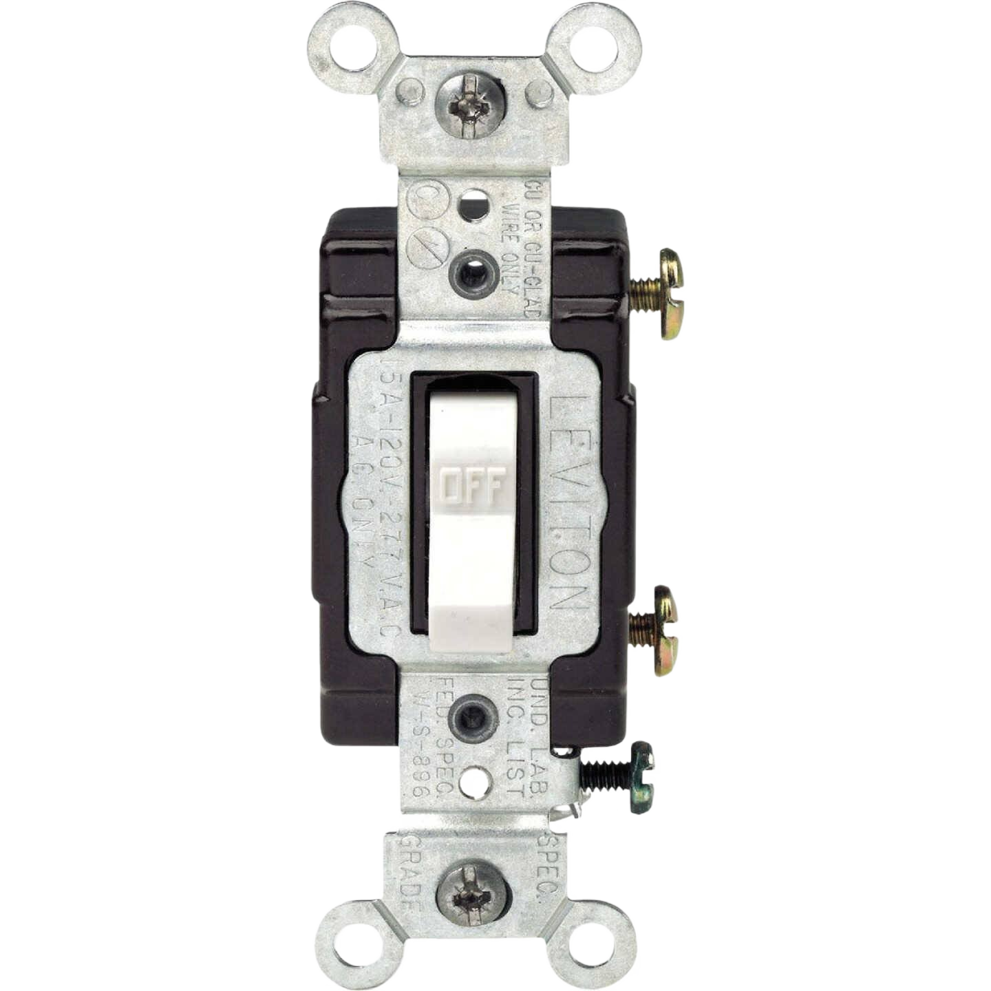 White toggle switch with metal mounting plate designed for single pole electrical wiring in home improvement projects