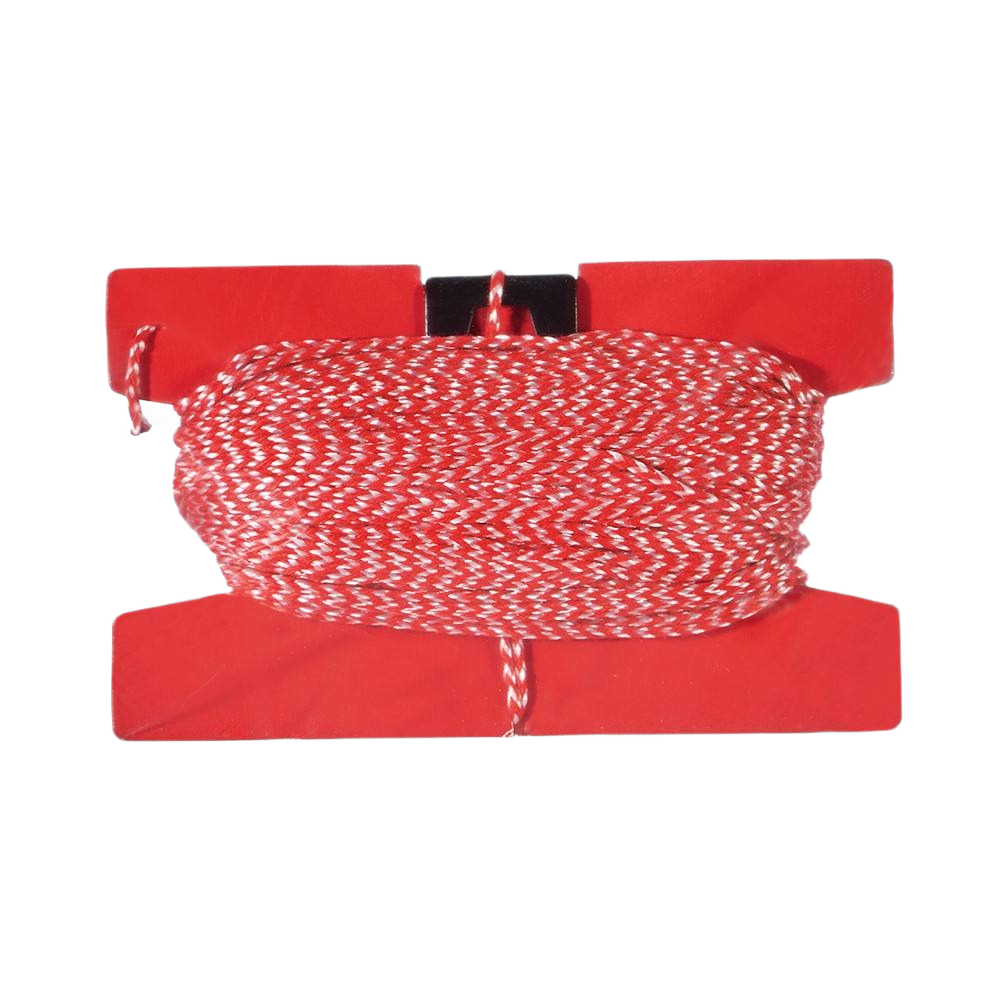 Red and white braided replacement line wrapped on a red plastic holder for tools and home improvement use