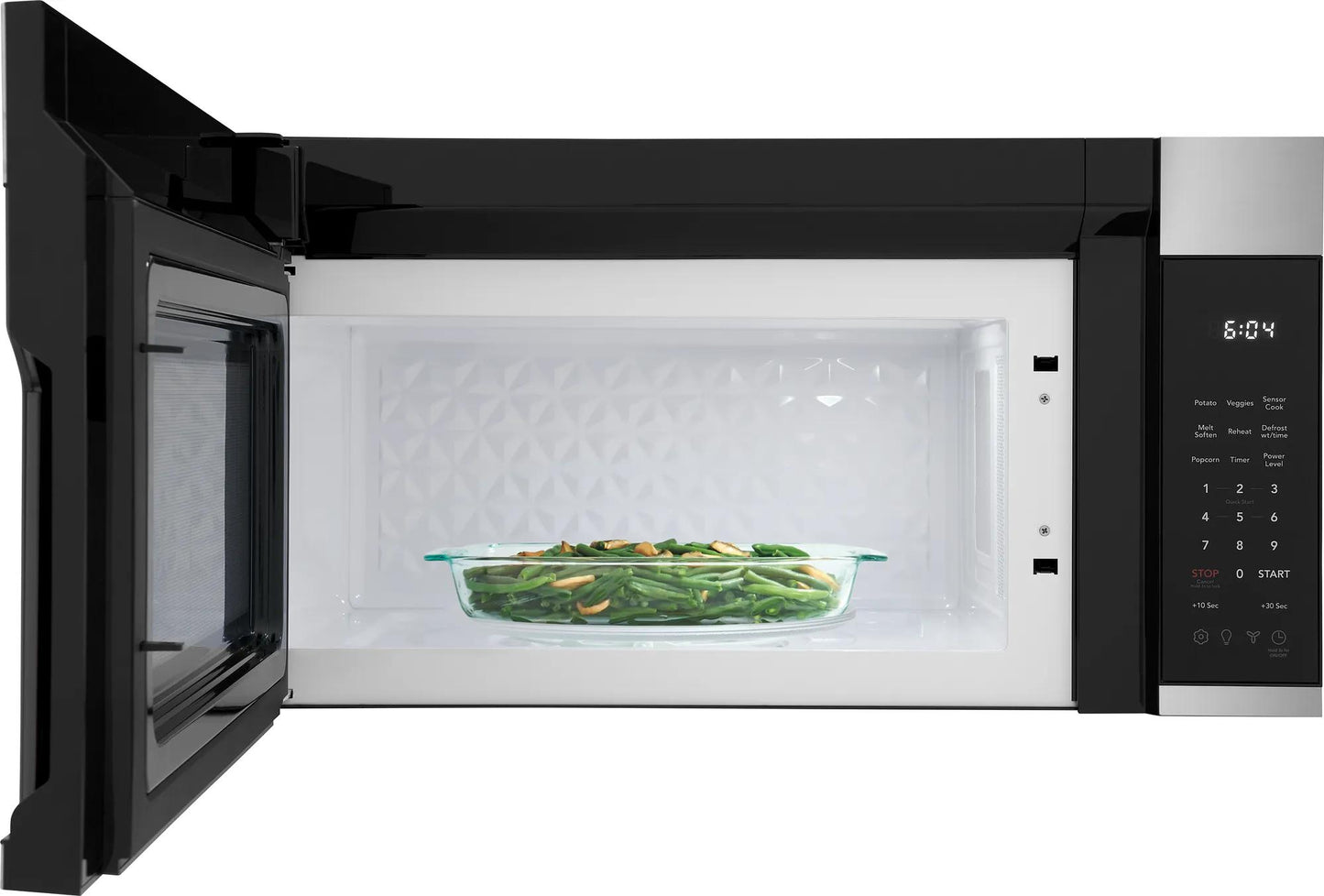 Open black over-the-range microwave with digital control panel and glass cookware inside from kitchen appliances collection