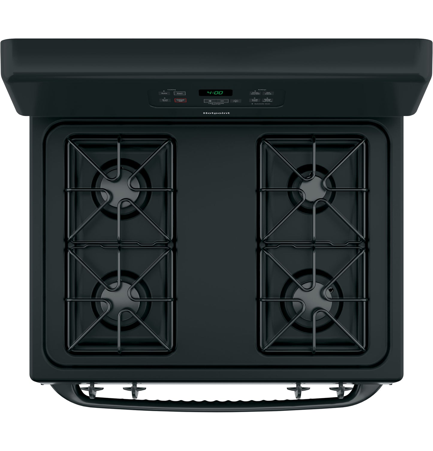 Top view of black free-standing gas range with four burners and digital control panel in kitchen appliances collection