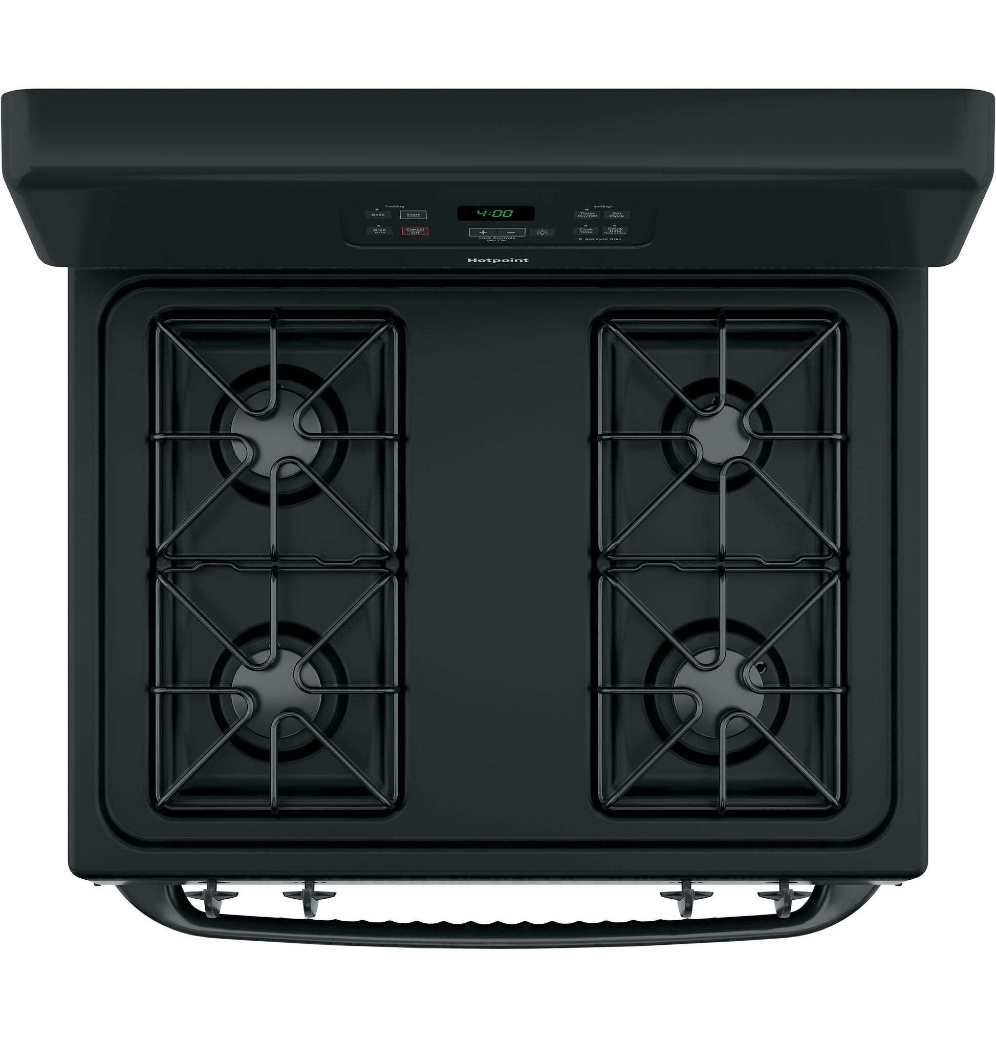 Top view of black free-standing gas range with four burners and digital control panel in kitchen appliances collection