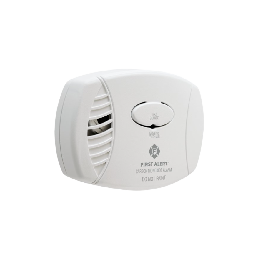 White plug-in carbon monoxide alarm with battery backup and test silence button for home safety use