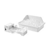 White plastic automatic ice maker kit components including ice tray and storage bucket filled with clear ice cubes, part of Refrigerators, Kitchen & Kitchenware, Under $100, Appliances collections.