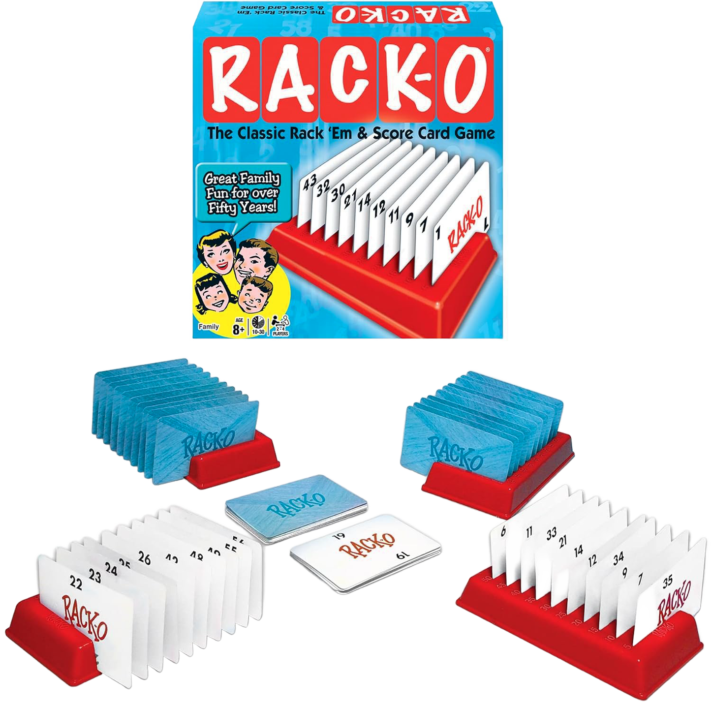 Classic Rack-O card game with numbered cards in red holders, part of Toys & Games under $50 and board games collection