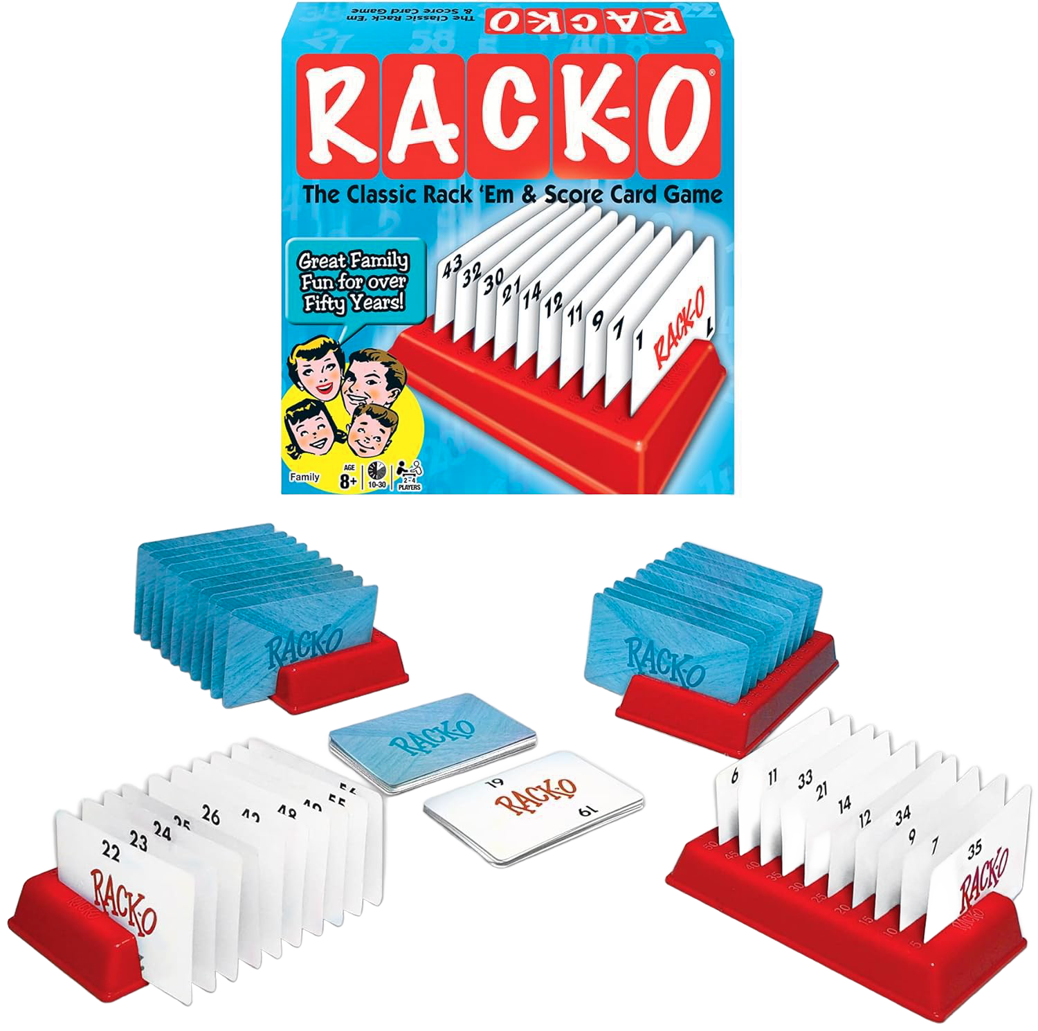 Classic Rack-O card game with numbered cards in red holders, part of Toys & Games under $50 and board games collection
