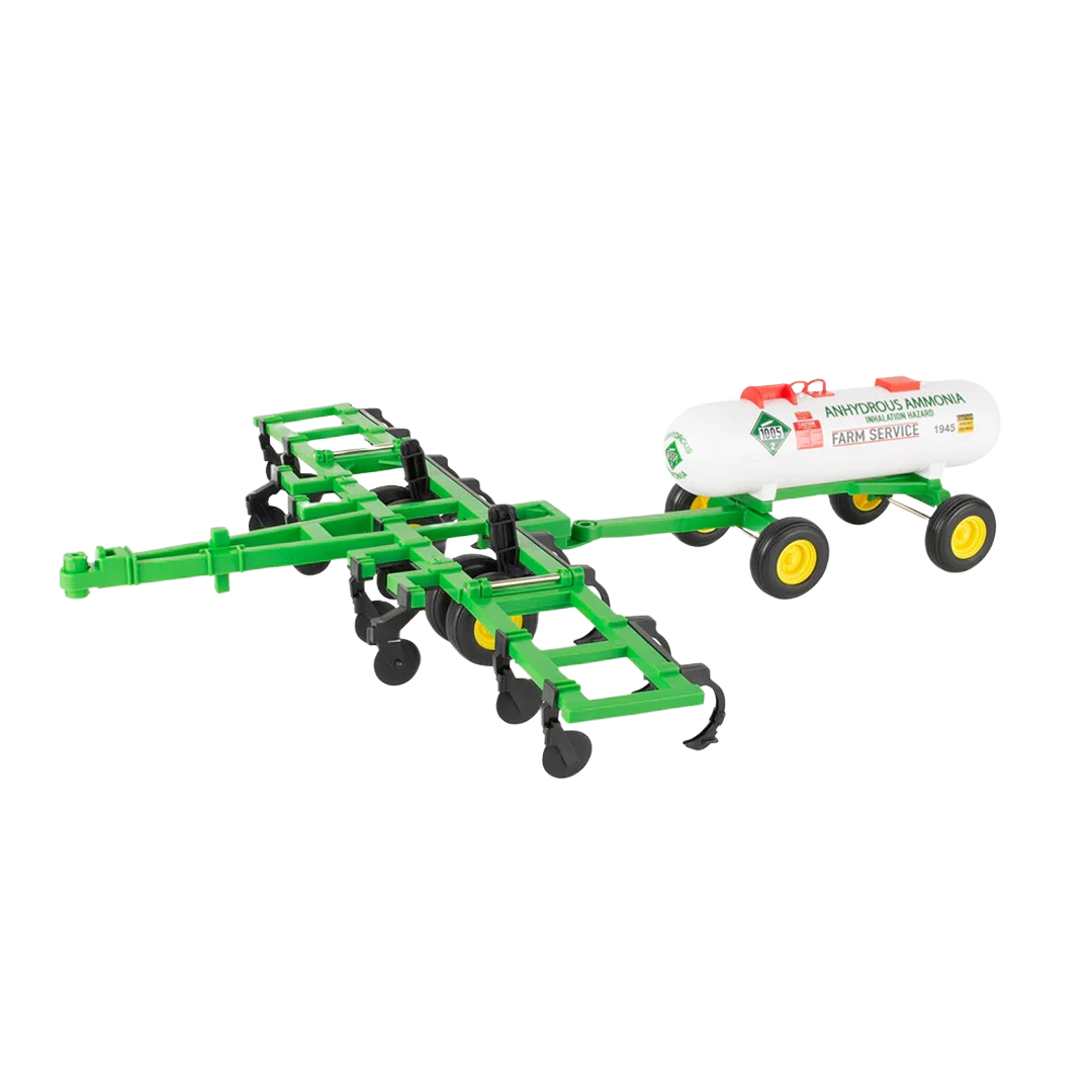 Green and yellow farm applicator toy with white anhydrous tank trailer for detailed agricultural play and display