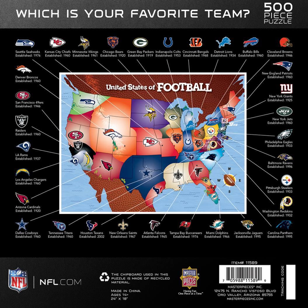 500-piece puzzle featuring a colorful football map highlighting NFL team logos across the United States.
