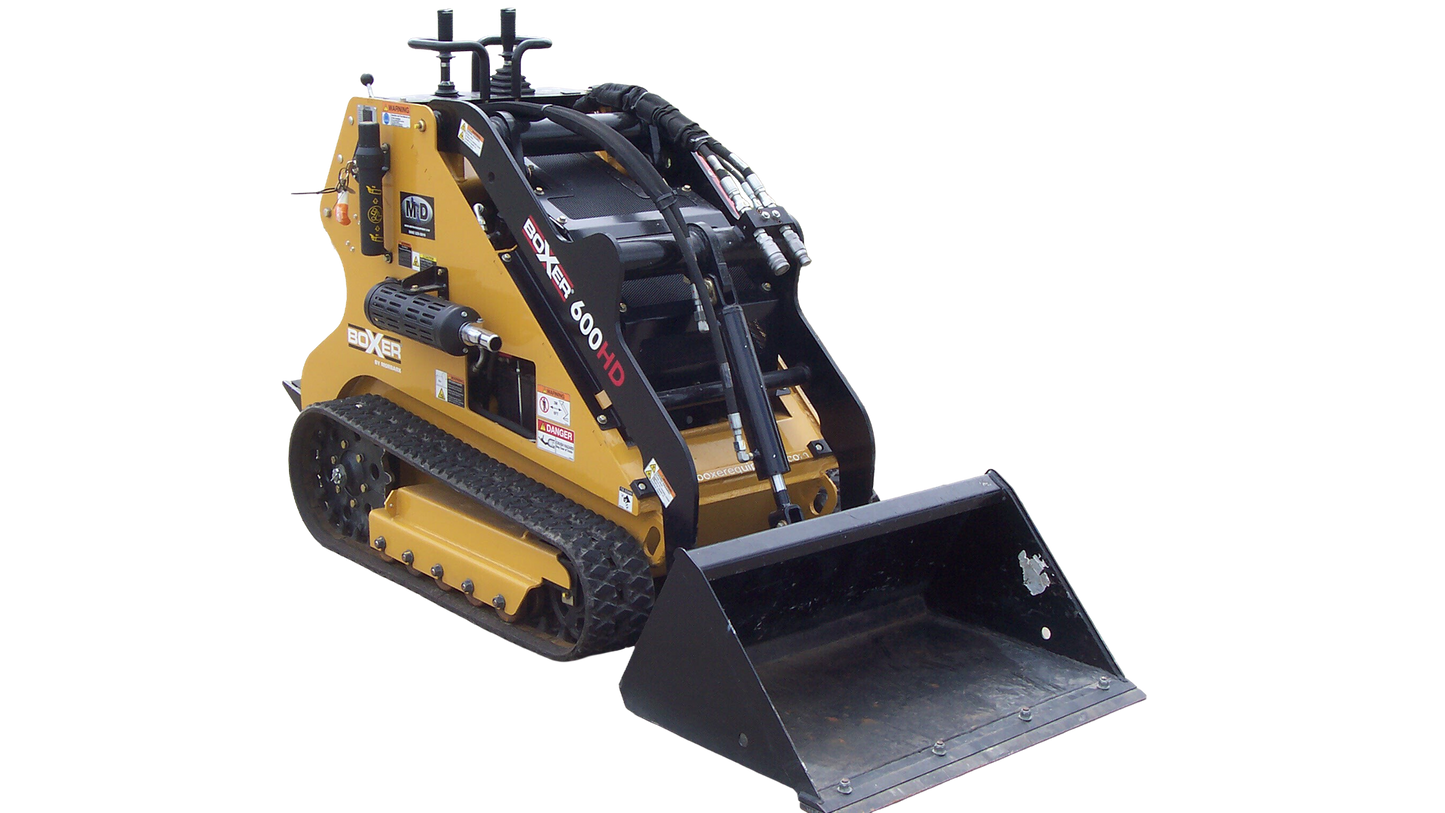 Compact yellow Boxer 600HD mini skid steer with black rubber tracks and front loader bucket, part of rental earthmoving and landscaping equipment at Hartville Hardware.