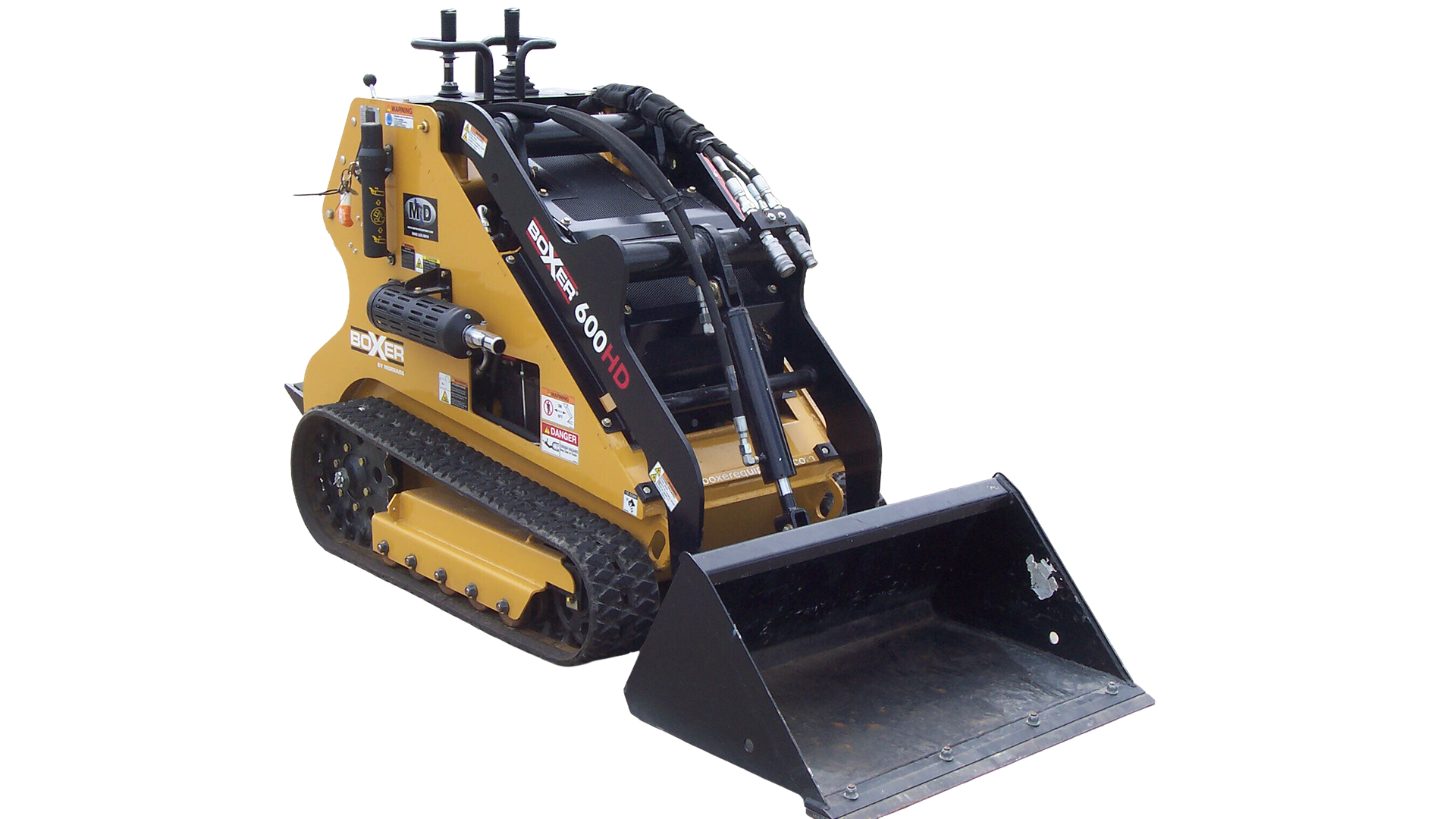 Compact yellow Boxer 600HD mini skid steer with black rubber tracks and front loader bucket, part of rental earthmoving and landscaping equipment at Hartville Hardware.