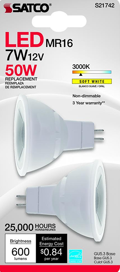 Satco 7 watt MR16 warm white LED bulbs with GU5.3 base, non-dimmable, energy-efficient lighting under $50 collections