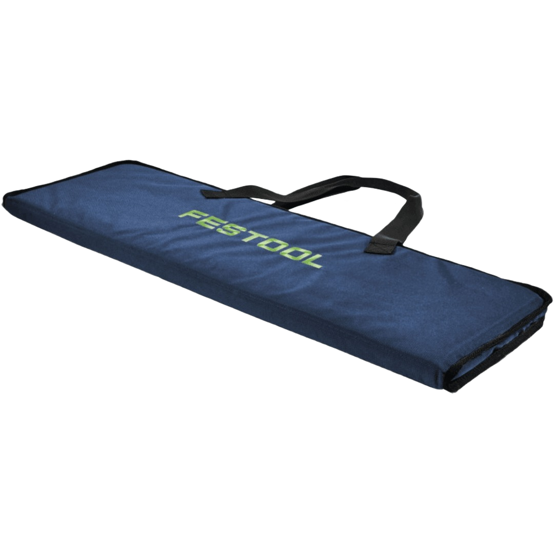 Blue fabric guide rail tote bag with black straps designed for easy and safe transport of woodworking tool accessories