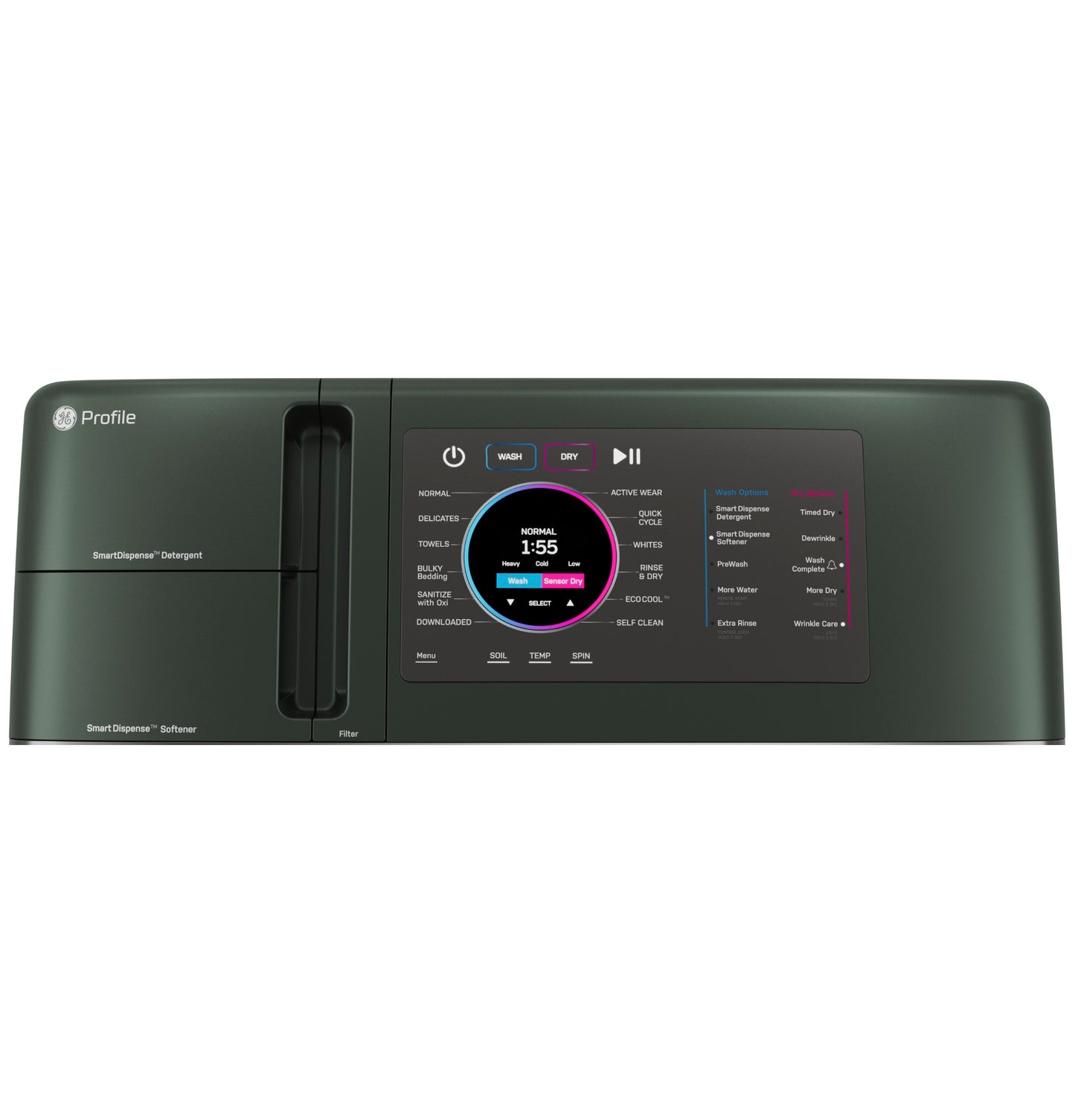 Control panel with digital display and dispenser compartments on a front load washer/dryer combo appliance.