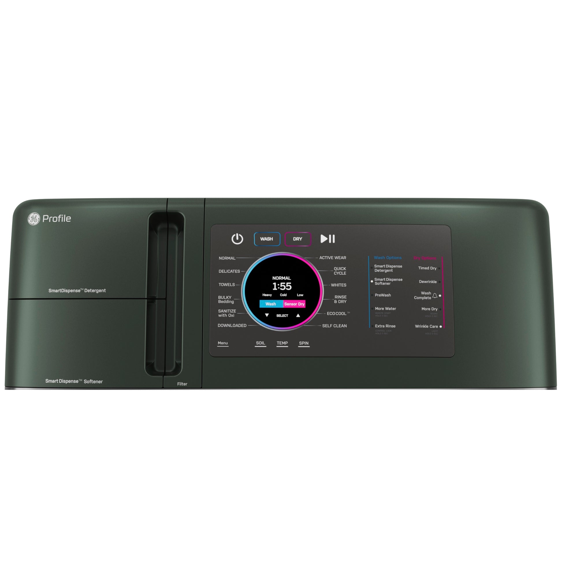 Control panel with digital display and dispenser compartments on a front load washer/dryer combo appliance.