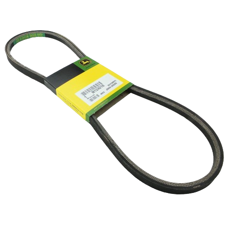 Black multi-ribbed V-belt with yellow and green label designed for tools and home improvement equipment