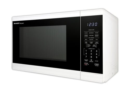 White countertop microwave with digital display and touch control panel for kitchen appliances collection