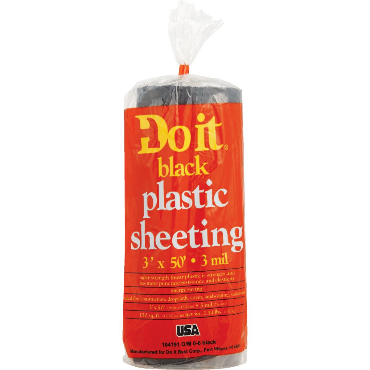 Roll of black plastic sheeting wrapped in clear plastic with red and yellow product label for home improvement use