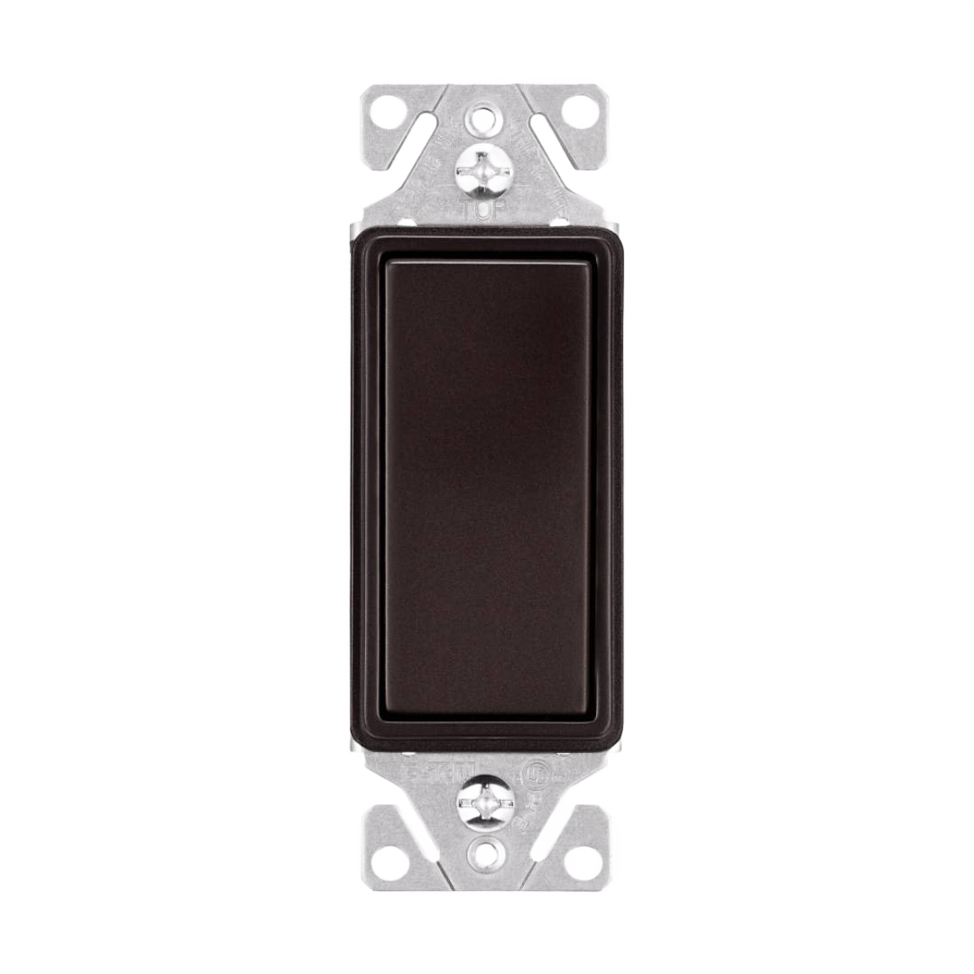 Oil rubbed bronze single pole decorator light switch with metal mounting frame for home improvement projects