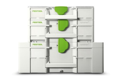 Stacked Festool SYS3 L storage boxes with modular interlocking design for workshop and jobsite tool organization