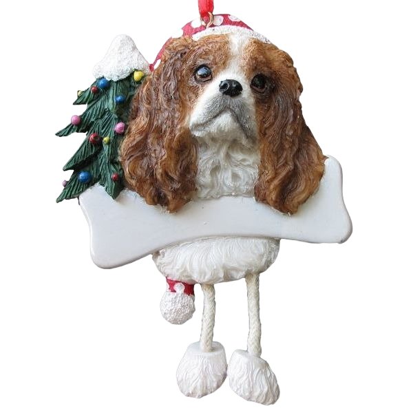 Handcrafted King Charles Cavalier ornament with dangling legs and Christmas tree for festive holiday decoration collection