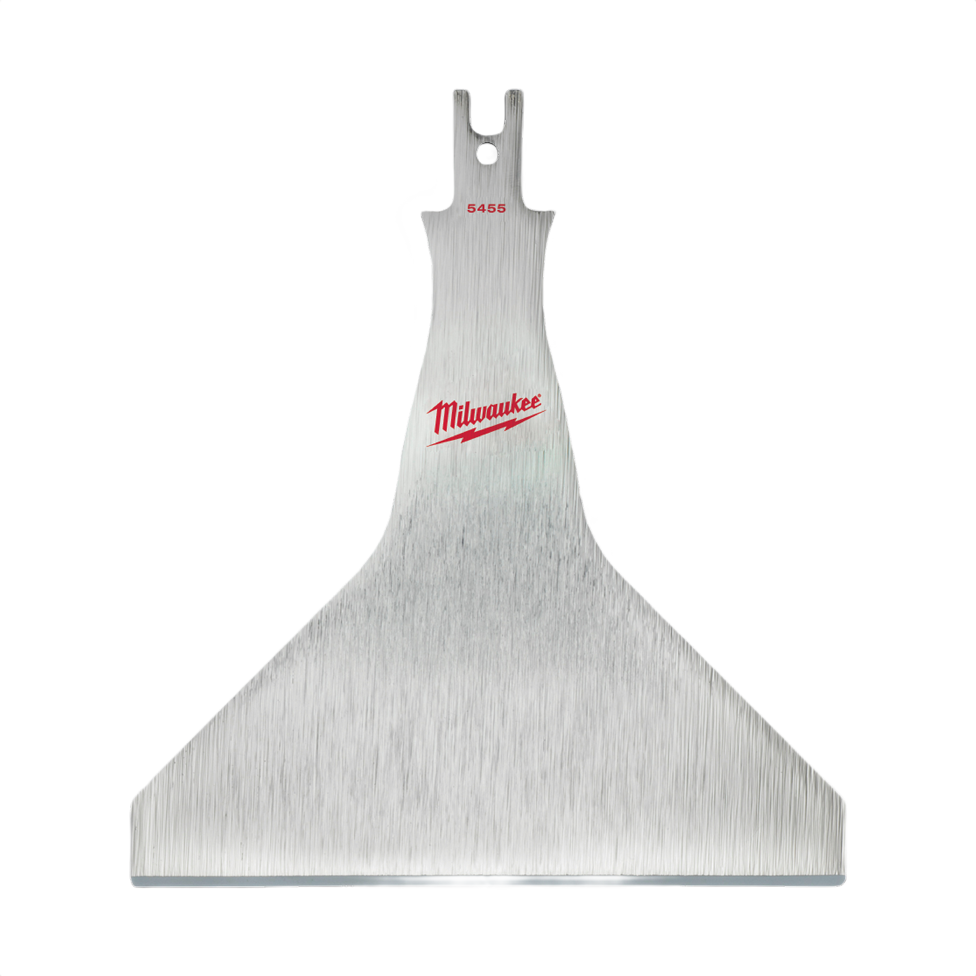 Wide stainless steel scraper blade with Milwaukee logo for power tool and woodworking accessories use