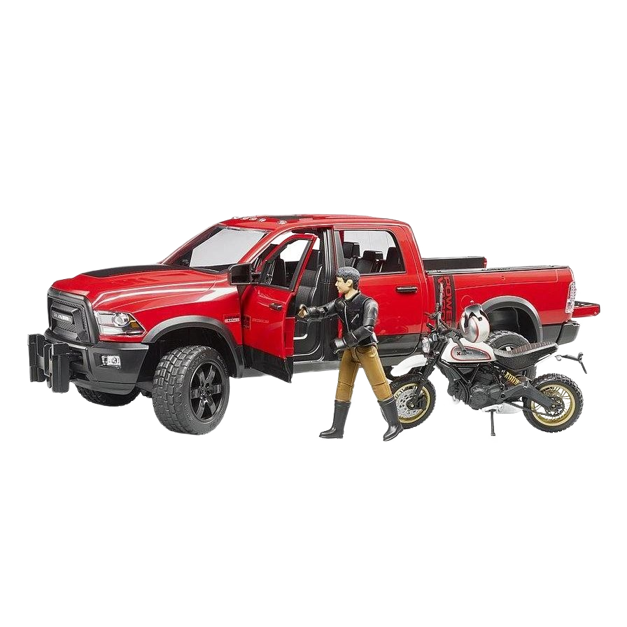 Red Bruder RAM 2500 Power Wagon toy with Ducati Desert Sled motorcycle and rider figure for detailed play scenes