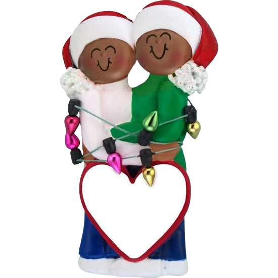African American Christmas couple ornament with Santa hats holding holiday lights and heart-shaped frame under $50