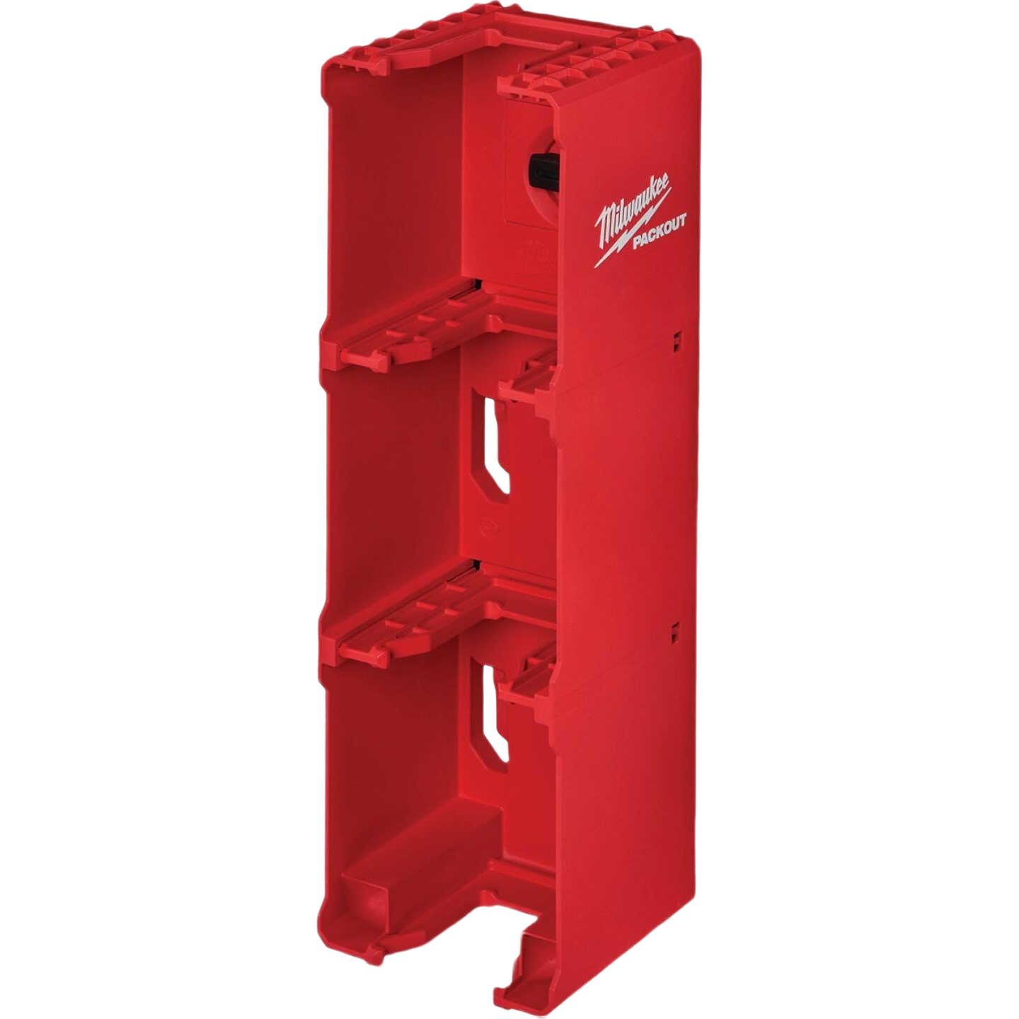Red modular Milwaukee battery rack for organizing and securely mounting M18 tool batteries in workshop storage systems